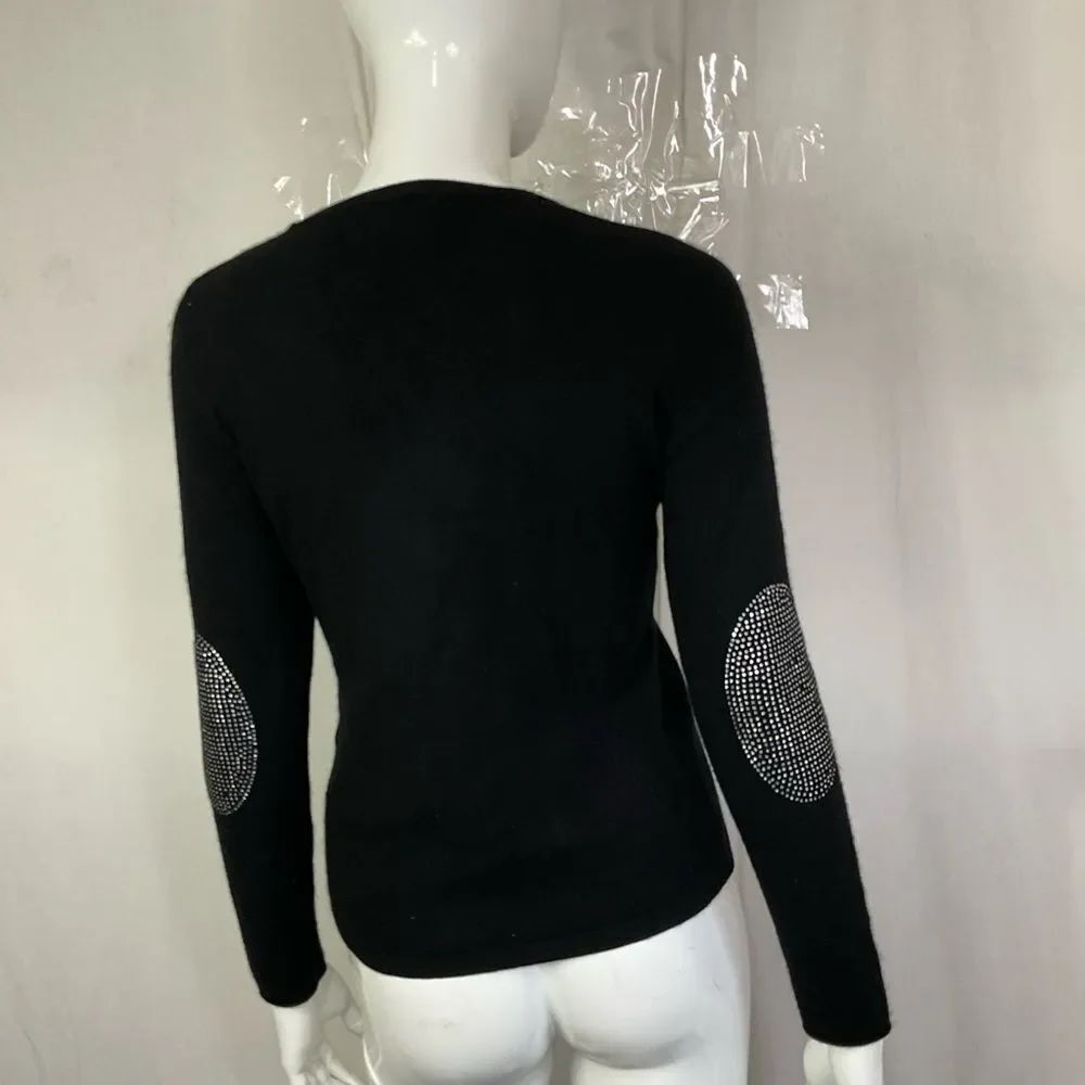Sutton Cashmere Black Rhinestone Elbow Button Front Cardigan Sweater Size S - Picture 5 of 8